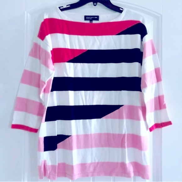 🚫Jones New York Sweater Crew Neck Striped White Pink Black, Size L - Picture 3 of 8